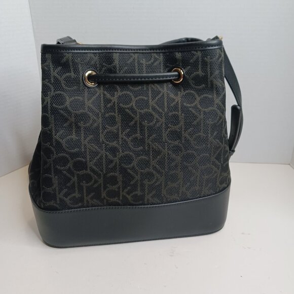 Calvin Klein Bucket Bag Black Initial Canvas Gabrianna Cross Body Faux Leather - Picture 3 of 12